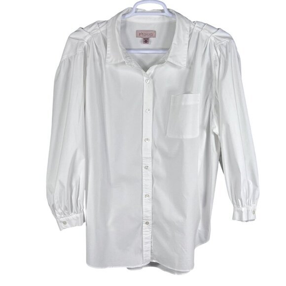 Philosophy Womans 3X White Button Up Blouse Balloon Sleeves Pocket Minimalist - Picture 9 of 16